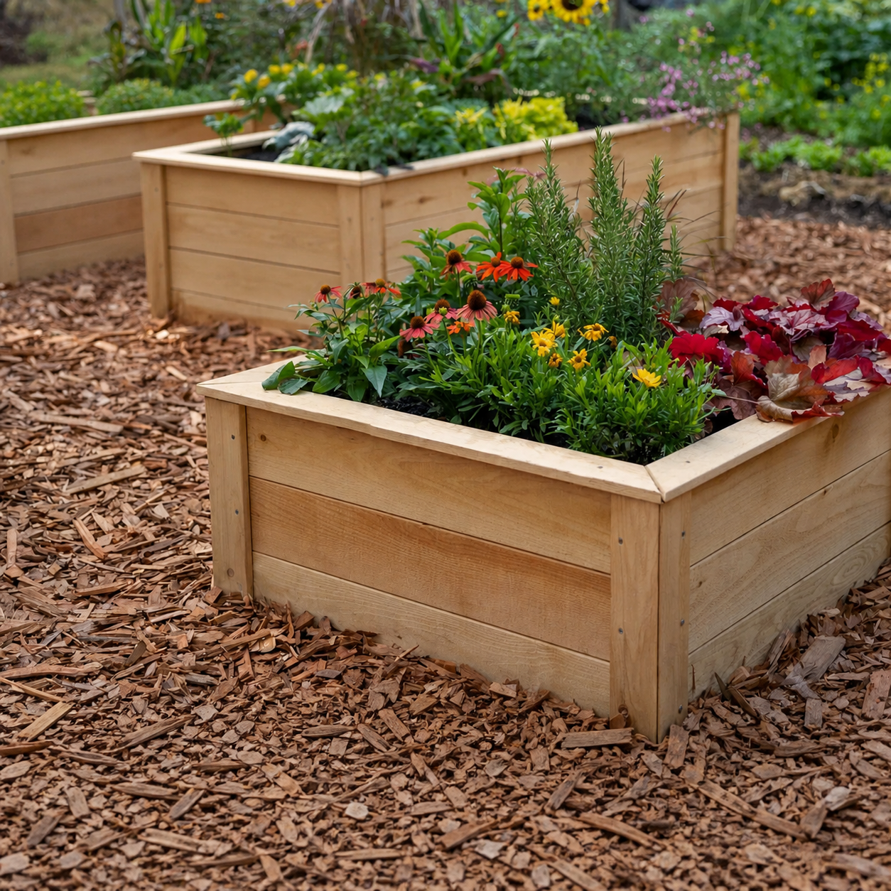 Cedar raised beds with flowering plants and herbs
